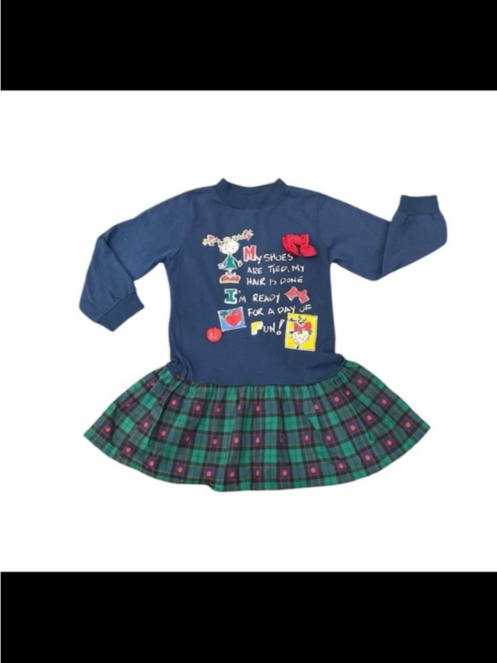 VTG 90s Buster Brown Drop Waist Sweatshirt Dress Plaid Apple Bow Girls Size 6